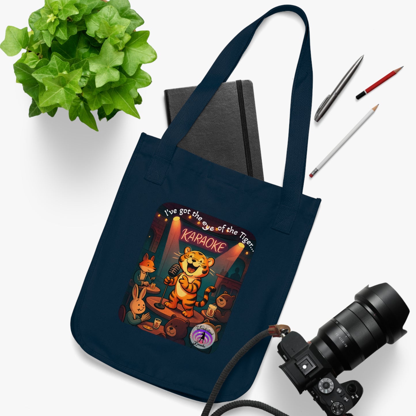 Karaoke Tiger Organic Canvas Tote Bag, Eco-Friendly Reusable Shopping Bag, Gift for Music Lovers, Cute Cat Tote, Fun Beach Bag