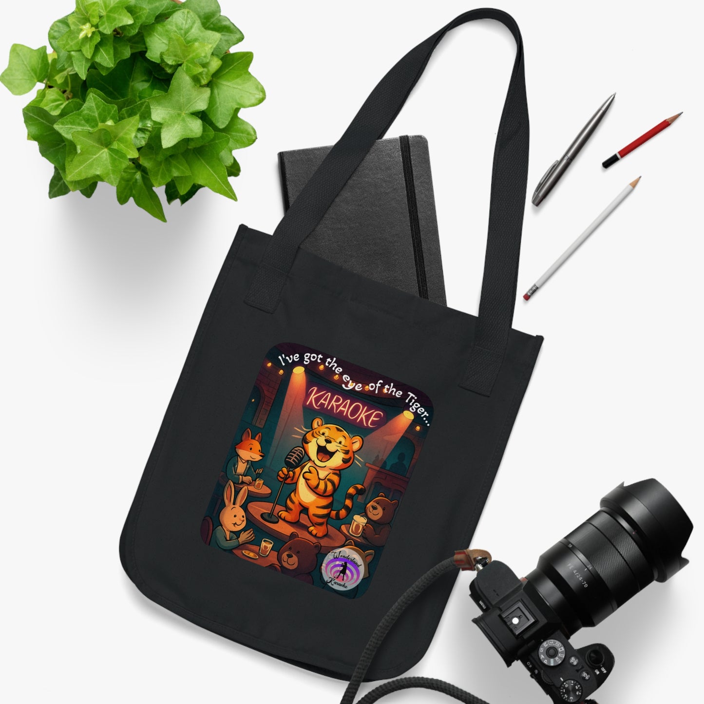 Karaoke Tiger Organic Canvas Tote Bag, Eco-Friendly Reusable Shopping Bag, Gift for Music Lovers, Cute Cat Tote, Fun Beach Bag