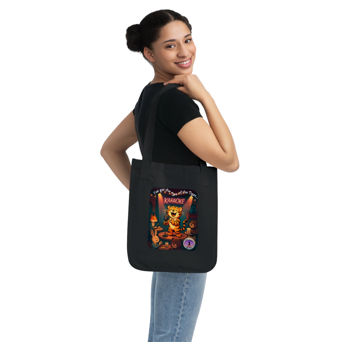 Karaoke Tiger Organic Canvas Tote Bag, Eco-Friendly Reusable Shopping Bag, Gift for Music Lovers, Cute Cat Tote, Fun Beach Bag