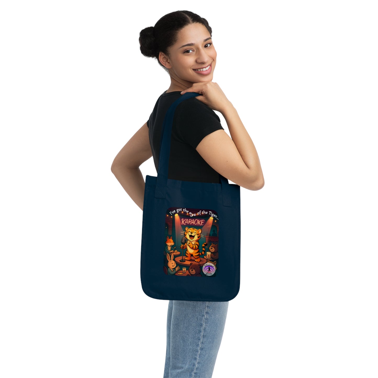 Karaoke Tiger Organic Canvas Tote Bag, Eco-Friendly Reusable Shopping Bag, Gift for Music Lovers, Cute Cat Tote, Fun Beach Bag