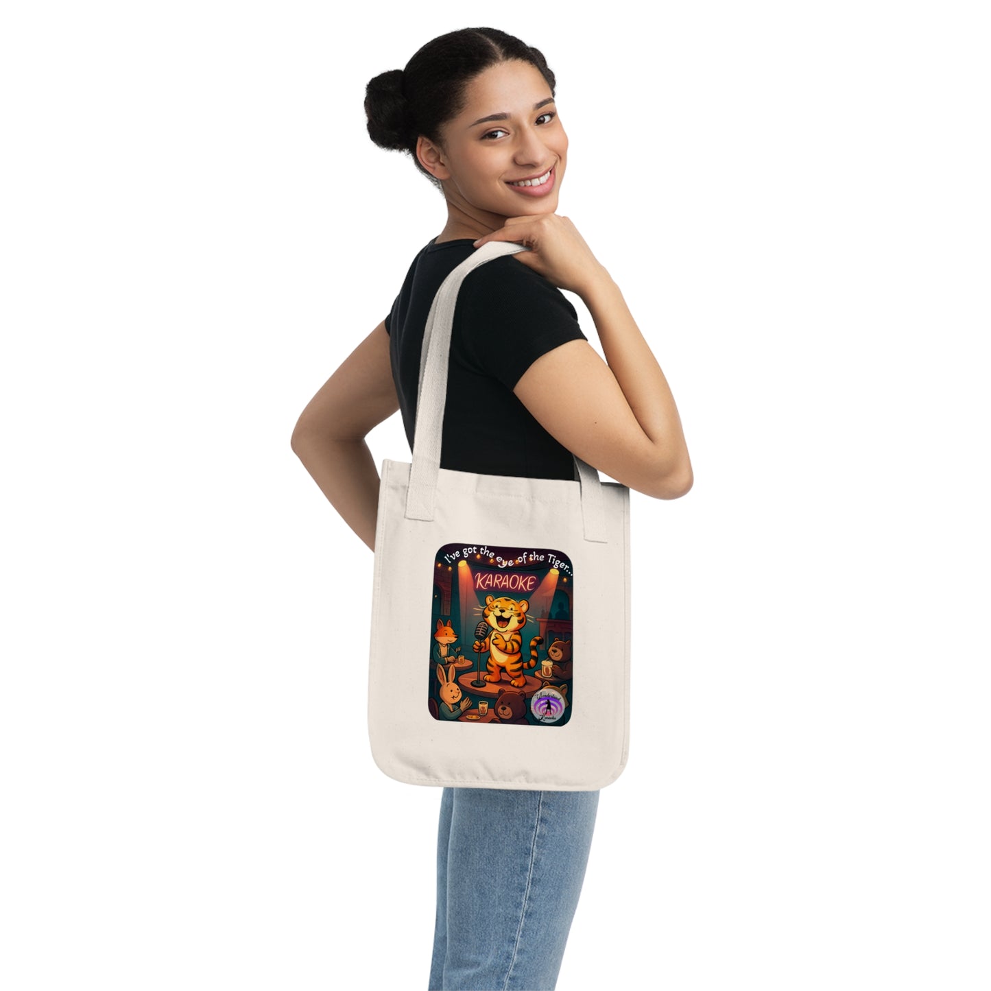 Karaoke Tiger Organic Canvas Tote Bag, Eco-Friendly Reusable Shopping Bag, Gift for Music Lovers, Cute Cat Tote, Fun Beach Bag