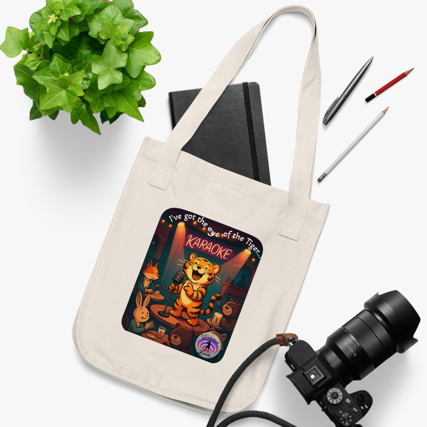 Karaoke Tiger Organic Canvas Tote Bag, Eco-Friendly Reusable Shopping Bag, Gift for Music Lovers, Cute Cat Tote, Fun Beach Bag